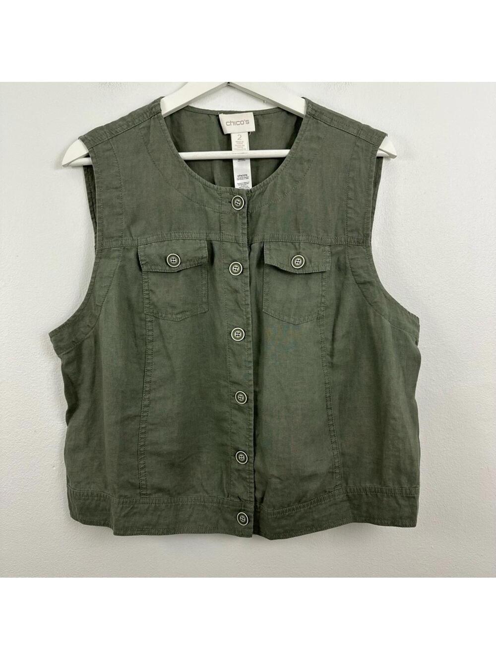 Chico's Women's 100% Linen Green Button Down Lace Vest Size 2 L